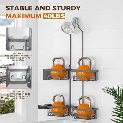 REINHARDT Adjustable Shower Caddy Hanging Split Shower Caddy for Handheld Showerheads, Rustproof Shower Organizer with Hooks for Razors Over the Head Caddy with Soap Holder Bathroom Accessories, Grey
