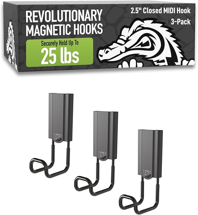 GATOR MAGNETICS MIDI 2.5" Closed Hooks, 25 lb Heavy Duty Magnetic Hooks for Steel Surfaces, Patented Easy-Release, Non-Slip Grip – Storage & Organization, Garage, Shed, Home, Cleaning Tools - 3 Pack