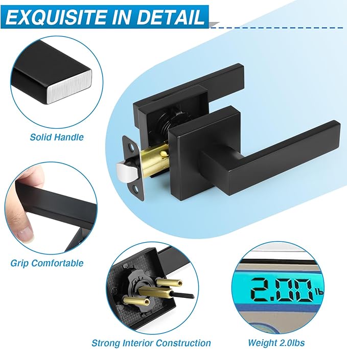 10 Pack Matte Black Door Handles, Passage Door Levers for Hall & Closet, Interior Door Knobs Heavy Duty Square Non-Locking Handlesets (2.0lb), Reversible for Left & Right Sided Doors