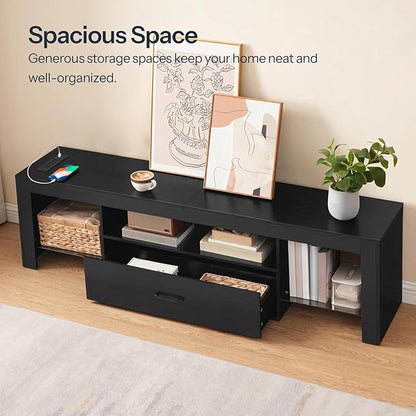 HOOBRO LED TV Stand with Power Outlets to 65 inch TV, Gaming Entertainment Center with Glass Shelves and Large Drawer, Modern Media TV Console Table for Living Room Bedroom, Black BB160UDDS01G1