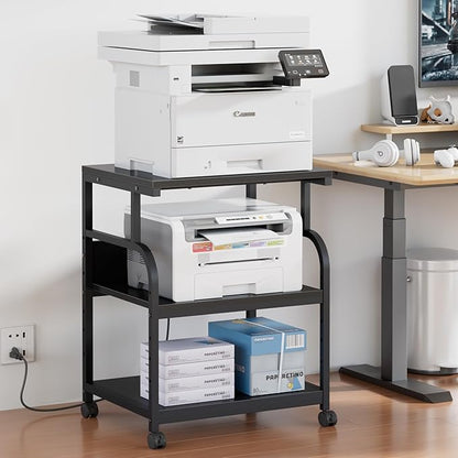 VECELO Large Printer Stand with Power Outlet, 3-Tier Rolling Cart with Adjustable Shelf & Lockable Wheels, Heavy Duty Utility Table for Home Office, 18.9"x23.6"x30.2", Black