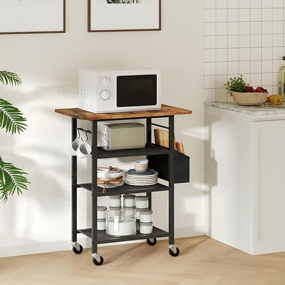 4-Tier Printer Stand, Rolling Printer Table on Wheels, Industrial Storage Stand with Side Pocket, Wooden Tabletop, 2 S-Shaped Hooks, for Home Office, Rustic Brown and Black PTHR2601