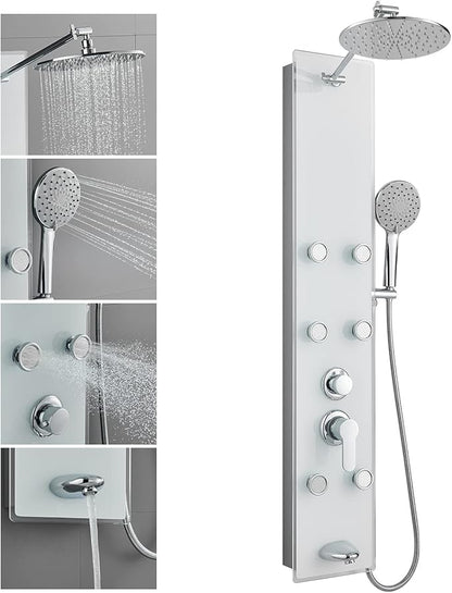 POPFLY Tempered Glass Shower Panel Tower System, 9" Adjustable Shower Arm Height, 304 Stainless Steel White Shower Panels Tower with 6 Massage Jet and Tub Spout