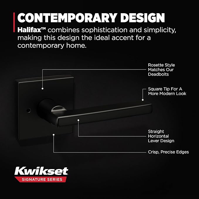 Kwikset Halifax Interior Privacy Door Handle with Lock, Door Lever For Bathroom and Bedroom, Matte Black Reversible Keyless Push Button Lock Door Lever, with Microban Protection, Square Rose
