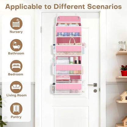 SpaceWhisper Over the Door Organizer, 4 Large Pocket Hanging Storage Organizer with 40lb Capacity, Space Saving for Nursery, Bathroom, Bedroom, Closet - Baby Essentials & Toiletry Organizer (Pink)