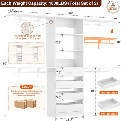 Aheaplus Closet System with Drawers Set of 2, Wood Closet Organizer System with 8 Hanging Rods & Top Shelves, Walk-in Closets Organizer Wardrobe Clothes Rack System, Cut Fits Spaces 4-9FT, White1