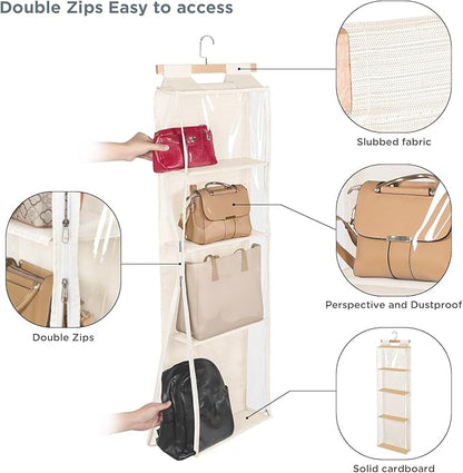 Syeeiex Over The Door Purse Organizer with Zippers, 4 Mesh Shelves,Clear Slubbed Fabric+PVC Hanging Closet Bag Organizer, Dustproof Handbag Closet Tote Storage Bag for Door, Wardrobe, Beige