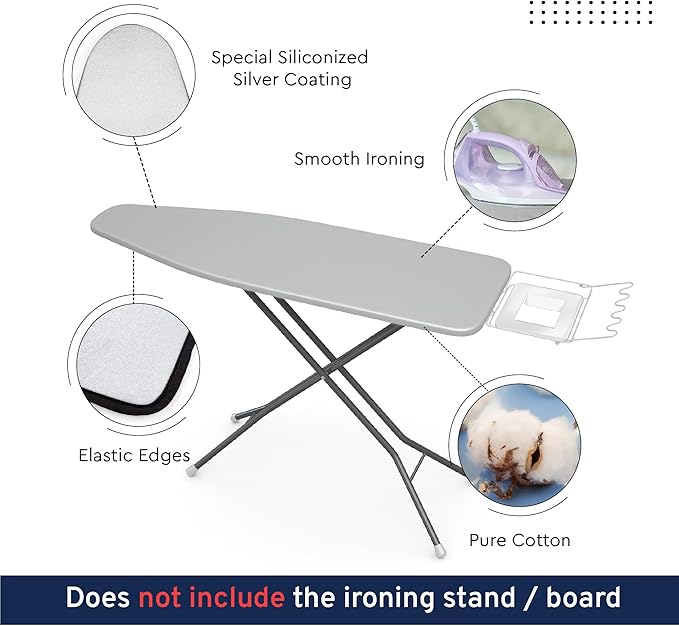 Encasa XO Ironing Board Cover and Pad 54"x15" - 4mm Felt & 2mm Foam Metallized Silver Iron Board Cover with Padding - Heat & Scorch Resistant, Non Slip, Bungee Elasticated, 3 Fasteners Silver Luxury