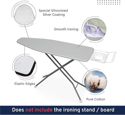 Encasa XO Ironing Board Cover and Pad 54"x15" - 4mm Felt & 2mm Foam Metallized Silver Iron Board Cover with Padding - Heat & Scorch Resistant, Non Slip, Bungee Elasticated, 3 Fasteners Silver Luxury