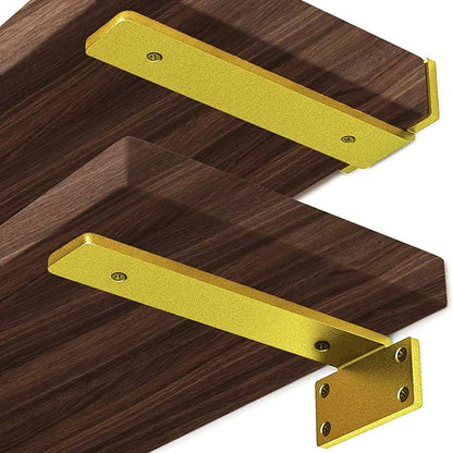 YMDparts Heavy Duty Shelf Brackets, 5mm Thick Rustic Gold Shelf Brackets for Custom Wood Shelves, 12 Inch Solid Steel Wall Mount Brackets with Hardware Needed (6Pcs)