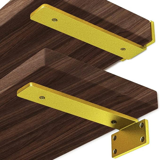 YMDparts Heavy Duty Shelf Brackets, 5mm Thick Rustic Gold Shelf Brackets for Custom Wood Shelves, 12 Inch Solid Steel Wall Mount Brackets with Hardware Needed (6Pcs)