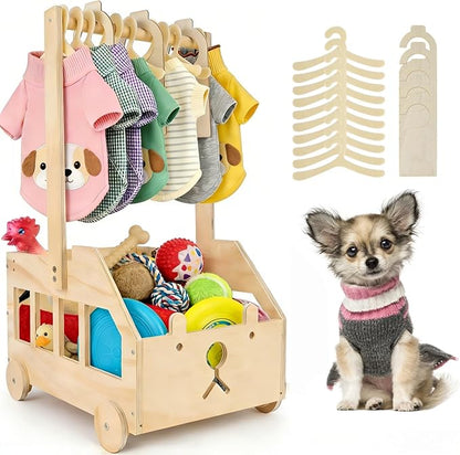 22" x14"x10" Wooden Pet Wardrobe Closet with 10 Hangers, 5 Split Labels & 1 Pen, Easy Assembly Crate for Dog/Cat Closet, Dog Closet Organizer for Toys Clothes and Accessories