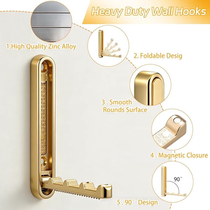 2 Pcs Extended Folding Coat Hooks Wall Mounted, 4.33 in Gold Foldable Wall Hooks Heavy Duty Valet RV Hooks Bathroom Towel Hooks Robe Hooks for Hanging Towels Clothes Coat Hat Bags