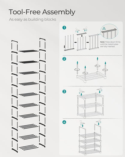 SONGMICS Shoe Rack, 10-Tier Shoe Organizer, Metal Storage Shelf, Upright or Upside Down, for 11-22 Pairs, for Entryway, 11.8 x 17.7 x 68.5 Inches, Black ULSA25BK