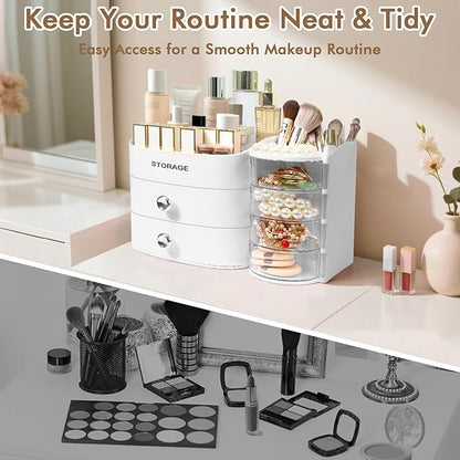XIAPIA Makeup Organizer Countertop, Make Up Organizer for Vanity, Skincare & Cosmetic Organizers with Drawers, Bathroom Organizers Storage for Brush Holder|Lipstick|Jewelry, Ideal Gift for Women WHITE