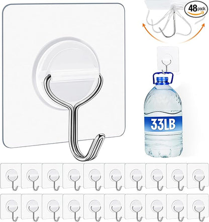 48 Pack Heavy Duty Adhesive Wall Hooks for Hanging - 33lb Max, Transparent Waterproof Rustproof Self Adhesive Hooks for Bathroom, Shower, Kitchen, Outdoor and Home