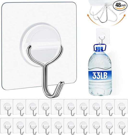 48 Pack Heavy Duty Adhesive Wall Hooks for Hanging - 33lb Max, Transparent Waterproof Rustproof Self Adhesive Hooks for Bathroom, Shower, Kitchen, Outdoor and Home