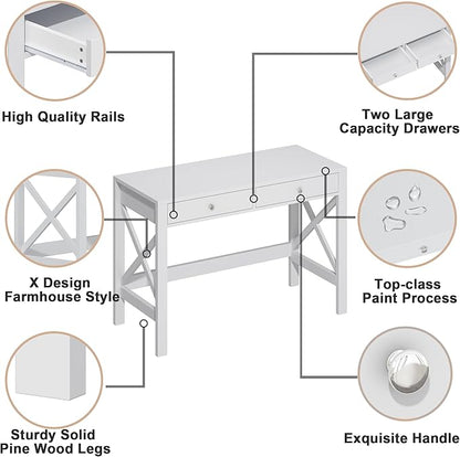 ChooChoo Computer Desk Study for Home Office, Modern Simple 40 Inches Desk with Drawers, Makeup Vanity Console Table, White