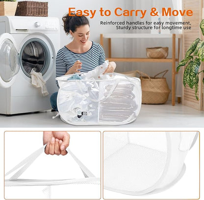 Durable Collapsible Foldable Mesh Pop Up Laundry Basket, 2 Compartments Easy to Carry & Sort Clothes Hampers for Home, Dorm, Travel White