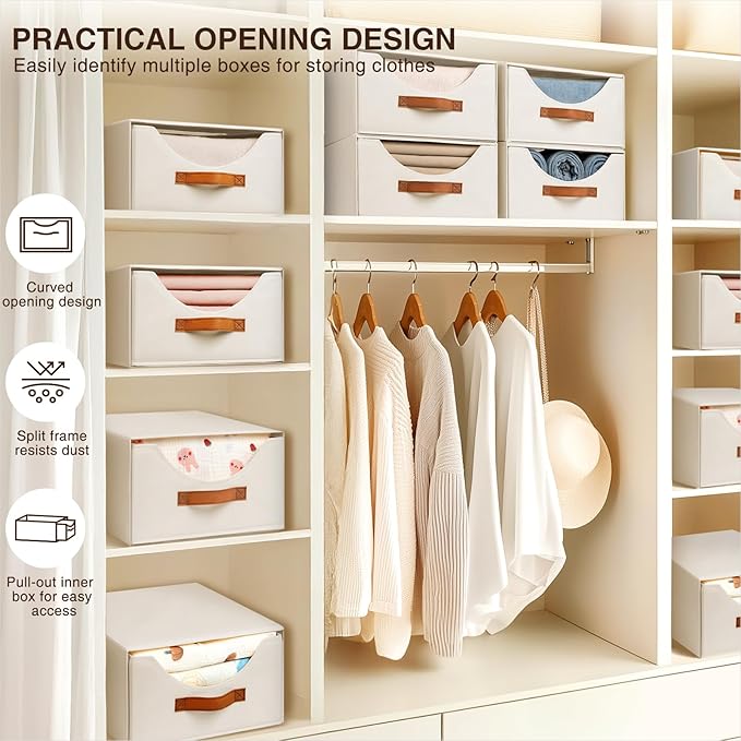 Stackable Storage Drawers - Collapsible Storage Bins with Drawers, 6 Pack Closet Shelf Organizer Basket, Fabric Pull Out Organizer for Bedroom, Living Room, Dorm, Beige