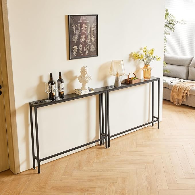 IBUYKE 2 Pack Console Table Narrow Long Sofa Table with Power Outlets USB Ports,Industrial Wooden Entry Table with Charge Station with Extension Cord,for Entryway Living Room Hallway Black TMJ061B-2