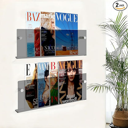 2 Pack Acrylic Magazine Holder Rack Brochure Holder Wall Mount, 17 Inch Hanging Bookshelf Magazine Rack, Floating Bookshelf Brochure Display Organizer for Home, Office, Reception Area