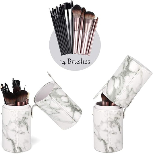 Makeup Brush Holder Travel Brushes Case Bag Cup Storage Dustproof for Women (Marble)
