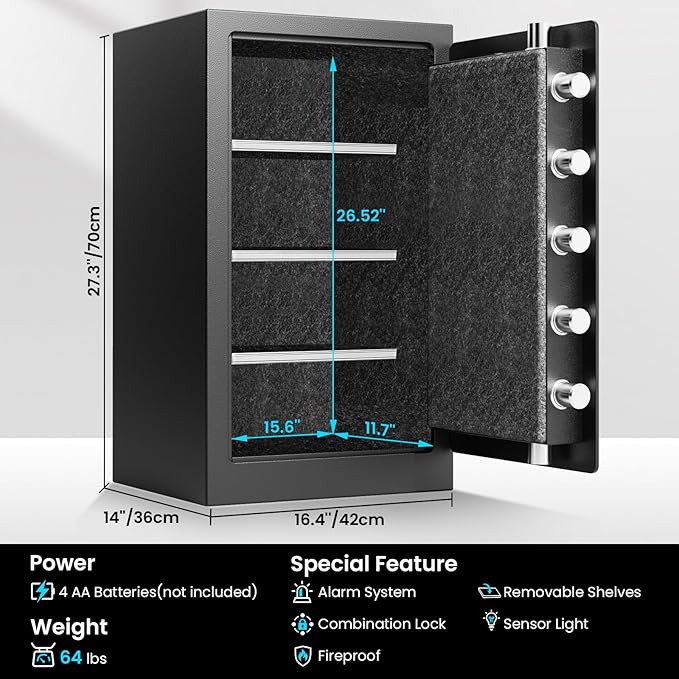 35Min Fireproof Safe, 7.2 Cubic Feet Home Safe Box with 3-Removable Shelf, Fire Safe with Digital Keypad, Smart Alarm and Silent Mode, Fire Proof Safe for Home Documents and Office