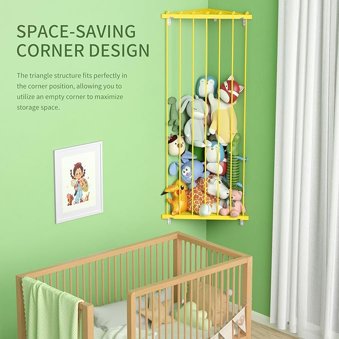 Stuffed Animal Storage Corner - Large Stuffed Animal Holder with Length Adjustable - Plush Storage Hanging Stuffed Animal Net for Wall(Yellow)