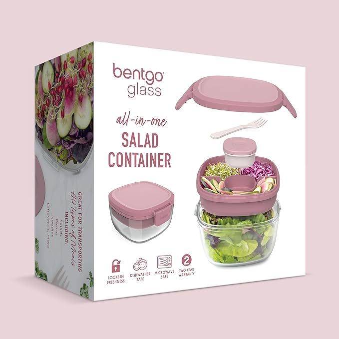 Bentgo Glass Salad Container - 7.6-Cup Salad Bowl with Airtight Lid, Leak-Proof Sauce Container, 4-Compartment Bento Tray & Reusable Fork - BPA-Free for Meal Prep, Office & More (Rose)