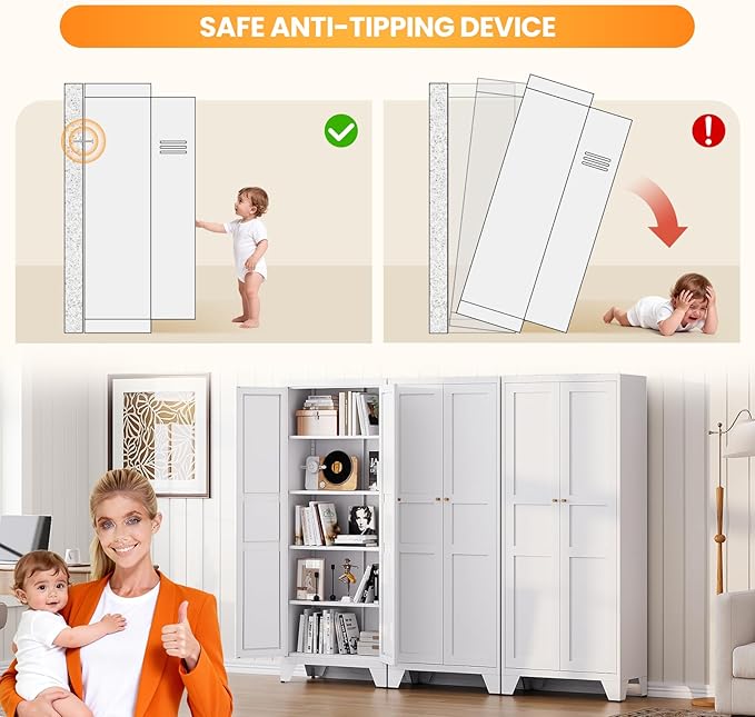 72" Tall Kitchen Cabinet Storage Unit With 2 Doors and 4 Adjustable Shelve, Metal White Freestanding Cupboard, 5 Tier Kitchen Pantry Storage Cabinet for Kitchen Dining/Living Room/Garage/Home/Office