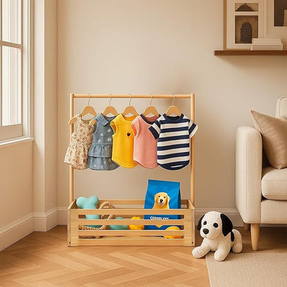 Baby Clothing Rack for Toddler, Pets, Bamboo Clothes Rack with Adjustable Hanging Rod, Storage Shelf & Handle, Nursery Organizer for Baby Shower, Dogs and Cats