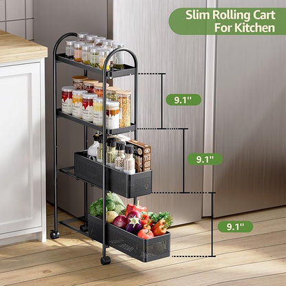 KINGRACK 4-Tier Slim Storage Cart with Pull Out Basket, Rolling Bathroom Organizer Utility, Metal Shelving Unit Slide Out, Lockable Wheels, Easy Assembly for Narrow Place, Kitchen, Laundry Room, Black