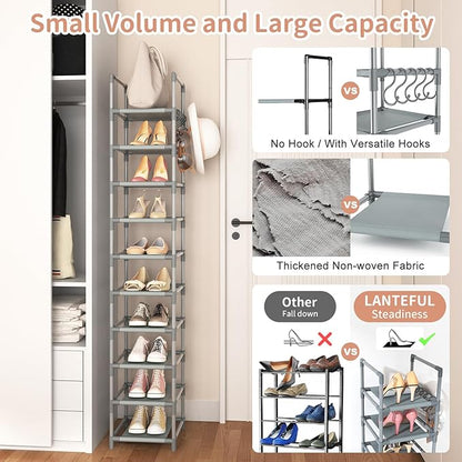 Narrow Shoe Rack 10-Tier Tall Shoe Organizer Skinny Shoe Shelf Storage for 10-15 Pairs Shoe and Boot, Space Saving Corner Shoe Rack Organizer for Closet, Entryway, Living Room, Grey