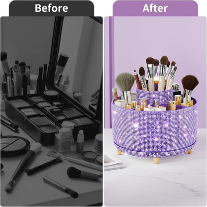 Bling Diamond Makeup Brush Holder, 360° Rotating Makeup Organizer, 5 Slot Make up Brushes Cup for Countertop, Storage for Cosmetics Pen Eyeliner Skincare on the Vanity (Diamond Purple)
