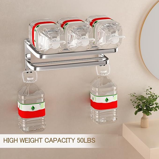 DDS-DUDES 15 Inch Bathroom Towel Rack Towel Shelf with Double Towel Bars Lavatory Wall Mount Holder with Hooks Stainless Steel Hotel Bath Rack