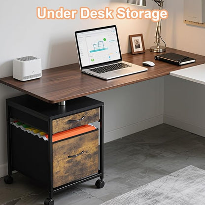 Rolling Mobile File Cabinet Cart with 2 Fabric Drawers A4 Letter Size Beside, Vertical Filing Cabinet on Lockable Wheels, Mobile Printer Stand Storage Under Desk for Home Office(Rustic Brown)
