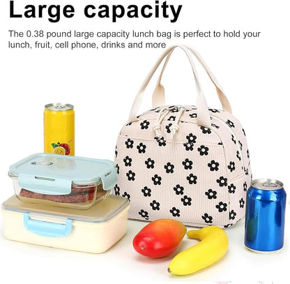 Bluboon Lunch Bag for Women Men Cute Corduroy Lunch Tote Bags Reusable Insulated Lunch Box Large Capacity Reusable Insulated Cooler for Work Picnic or Travel (Corduroy floral)