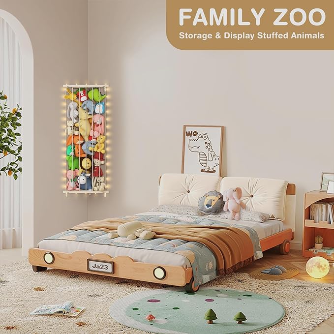 Corner Stuffed Animal Storage Net - Stuffed Animals Holder with Light - Plush Organizer Hanging Stuffed Animal Hammock with Adjustable Length for Bedroom
