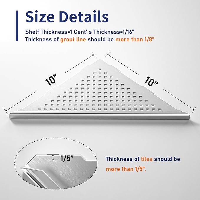 Corner Shower Shelves, 10" Brushed 304 Stainless Steel Recessed Shelf for Bathroom, Grout in Shelf for Tiled Wall, 2 Pack