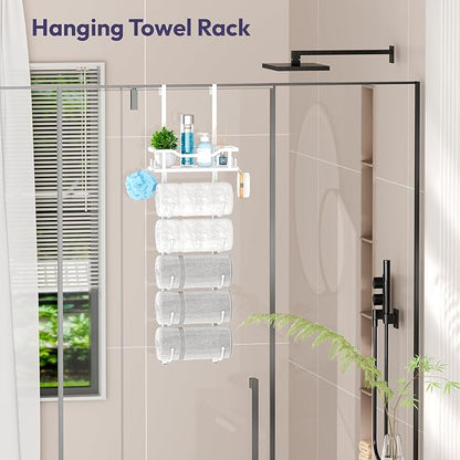 SWTYMIKI Over The Door Towel Rack - 6 Tier Towel Racks for Bathroom Wall Mounted, Towel Holder with Shelf, Hanging Rolled Towel Storage Organizer for Small Bathroom, Camper, RV, White