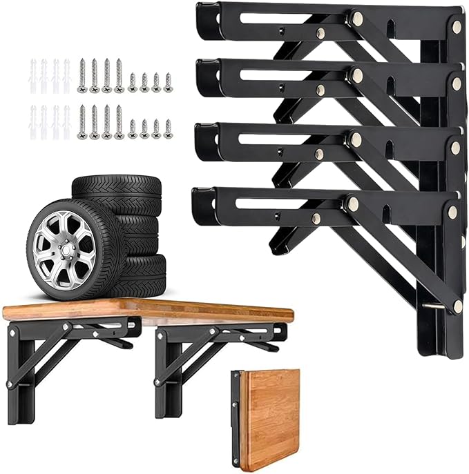 Folding Shelf Brackets, 4 Pcs Heavy Duty Collapsible Shelf Bracket, DIY Wall Mounted Folding Table Hinge, Space Saving for Bench Table with Screws (Black, 16 in (4Pcs))
