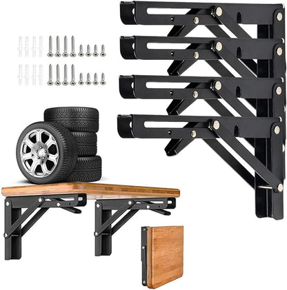 Folding Shelf Brackets, 4 Pcs Heavy Duty Collapsible Shelf Bracket, DIY Wall Mounted Folding Table Hinge, Space Saving for Bench Table with Screws (Black, 16 in (4Pcs))