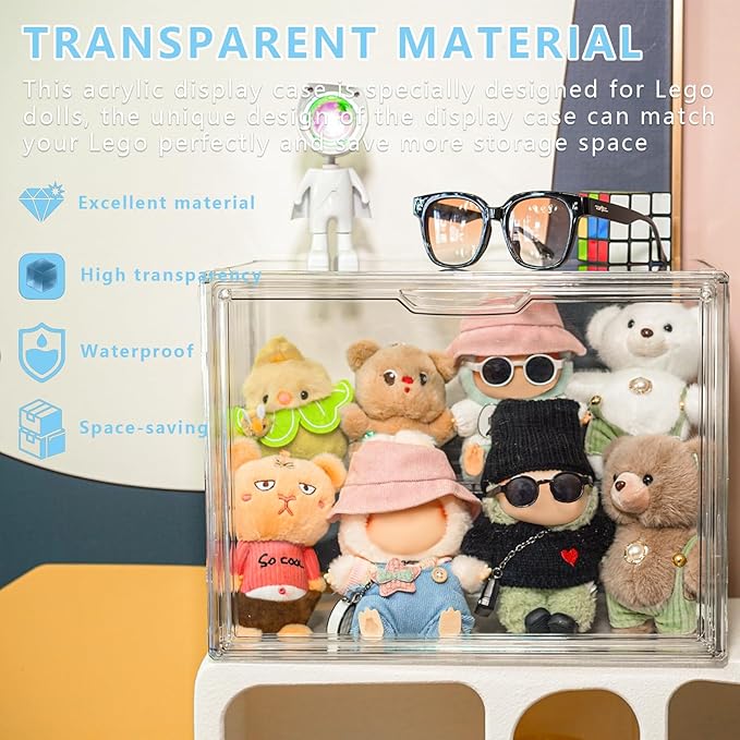 Clear Doll Storage Box Compatible with Labubu - Stackable Organizer for 15-17cm Dolls & Accessories, Transparent Display Case for Collectibles, Action Figures, and Toy Clothes