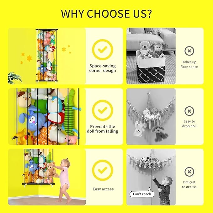 Stuffed Animal Storage Shelf Organizer(Patented) - Corner Stuffed Animal Holder Length Adjustable - Wall Plush Storage for Nursery Playroom Bedroom Kids Room (Space Black, Extra Large)