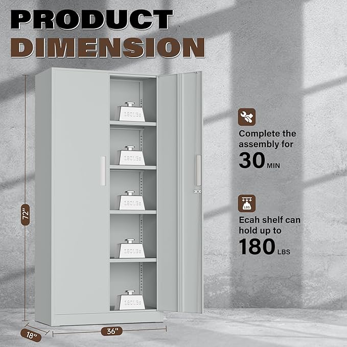 Metal Garage Storage Cabinet, 72” Lockable File Cabinets with 2 Doors and 4 Adjustable Shelves, Steel Tool Cabinets with Lock for Office, Home, Garage, Warm Grey