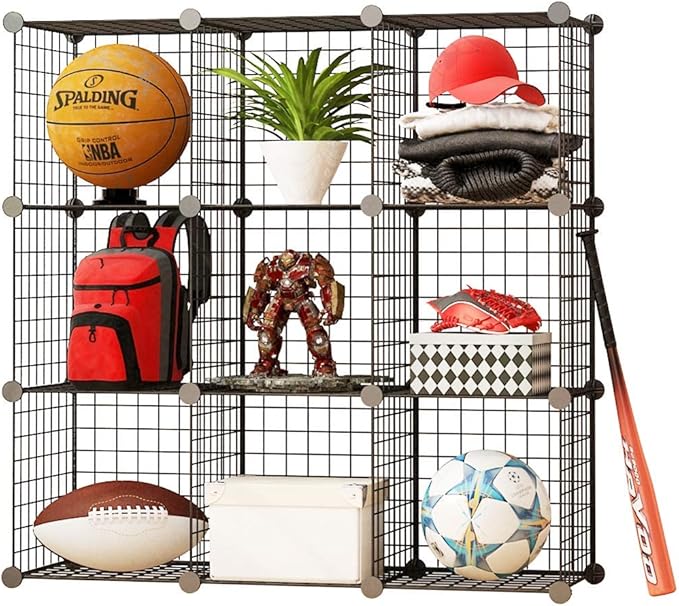 KOUSI 14"x14" Wire Cube Storage, Metal Grid Organizer, 9-Cube Modular Shelving Unit, Stackable Bookcase, Ideal for Living Room, Bedroom, Office, Garage