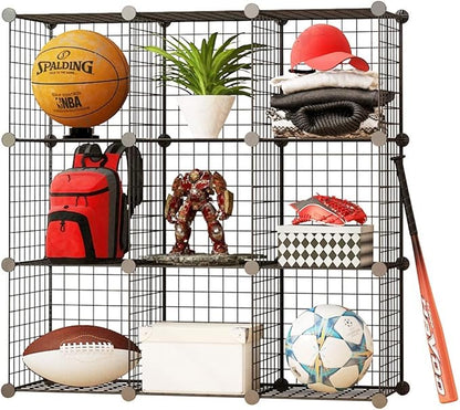 KOUSI 14"x14" Wire Cube Storage, Metal Grid Organizer, 9-Cube Modular Shelving Unit, Stackable Bookcase, Ideal for Living Room, Bedroom, Office, Garage