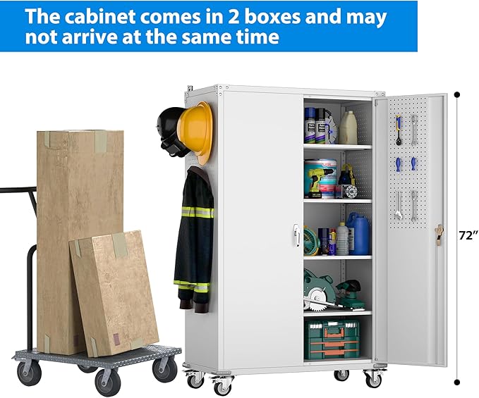 SUXXAN 2025 Upgraded Wide & Deep Garage Storage Cabinet with Wheels, Lockable Metal Storage Cabinet with Pegboards and 9 Hooks, 2 Tool Pouches for Garage,4 Adjustable Shelves