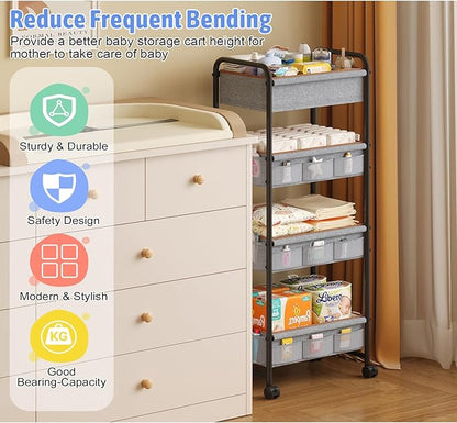 4-Tier Rolling Sorage Cart,Baby Diaper Caddy Organizer, Nursery Baby Storage with Wheels, 2 Dividers & 21 Pockets，Metal Utility Cart for Nursery, Crib, Bedroom, Art & Craft Organizers